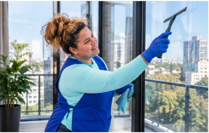 Persona limpiando ventanas en apartamento