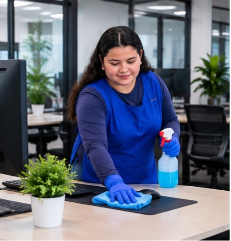 Persona limpiando un escritorio de oficina